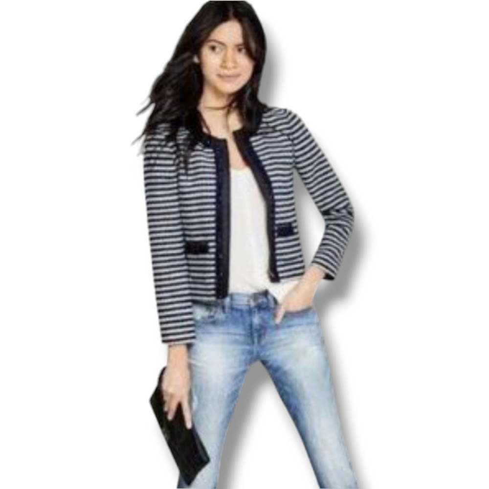 J.CREW SUITING Navy Blue Striped Wool Tweed Cropped Zipped Blazer Jacket
